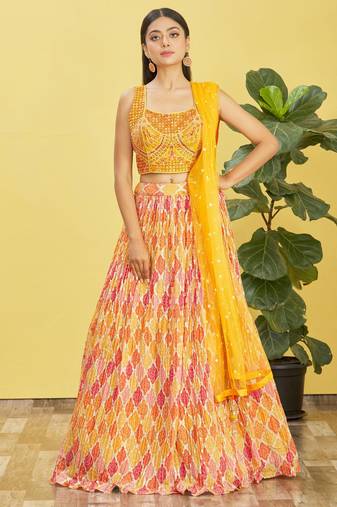 Stunning Yellow Mirror Work And Digital Print Organza Party Wear Lehenga Choli
