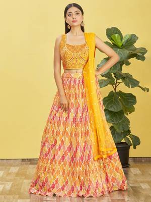 yellow mirror work and digital print organza party lehenga set choli with dupatta 1