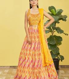 yellow mirror work and digital print organza party lehenga set choli with dupatta