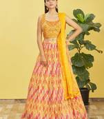 Stunning Yellow Mirror Work And Digital Print Organza Party Wear Lehenga Choli