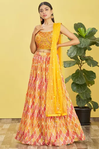 yellow mirror work and digital print organza party lehenga set choli with dupatta