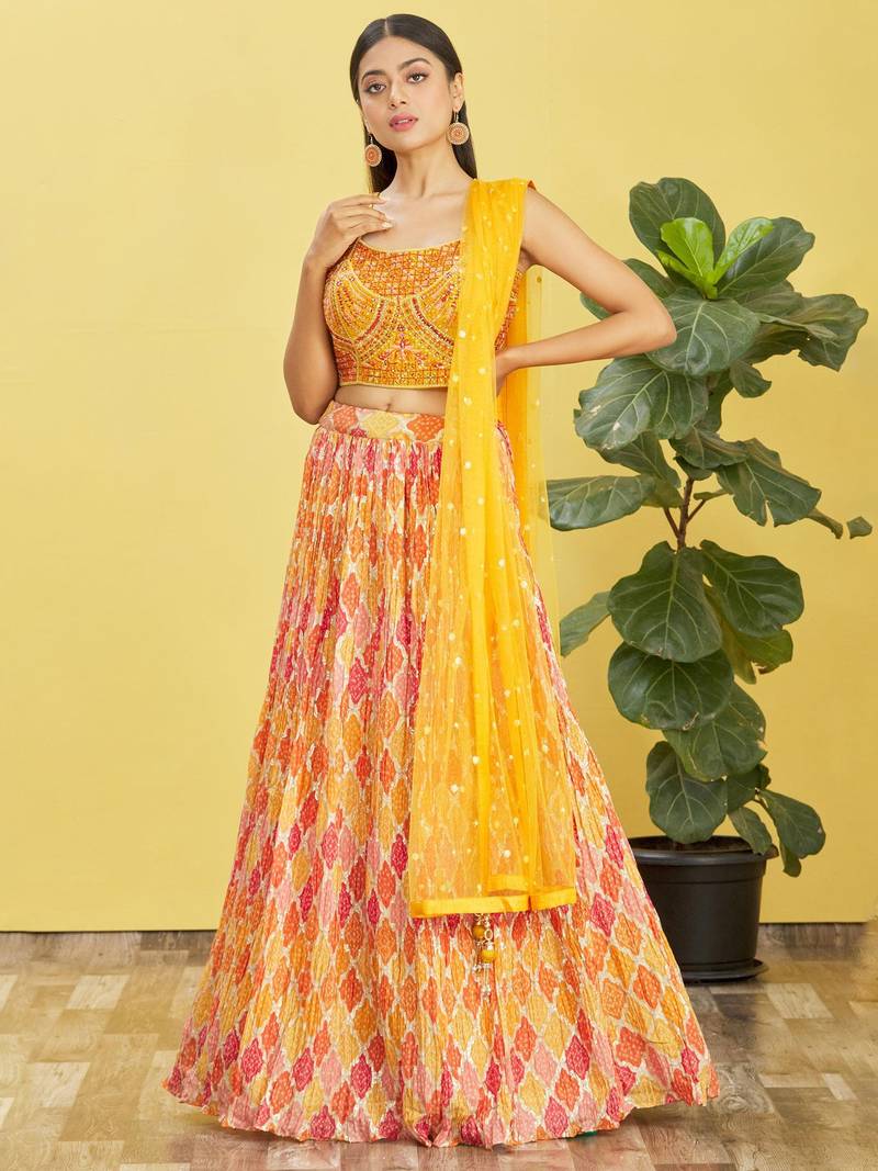 Stunning Yellow Mirror Work And Digital Print Organza Party Wear Lehenga Choli