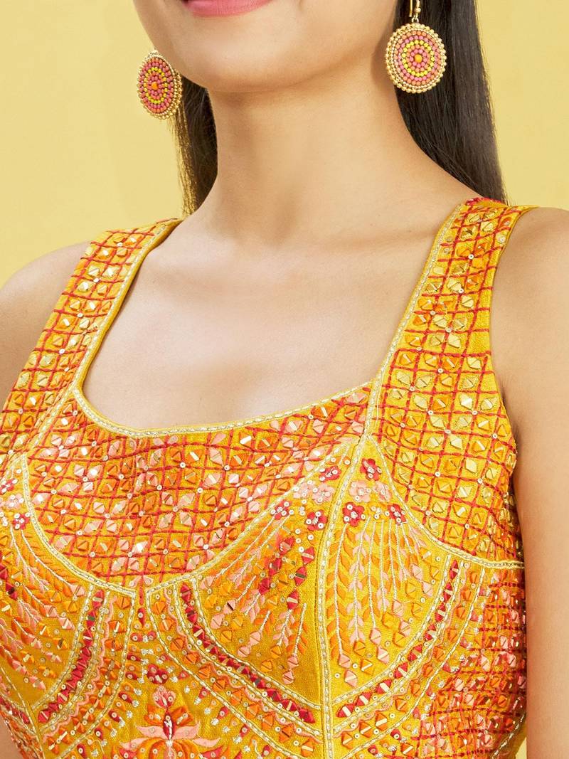 Stunning Yellow Mirror Work And Digital Print Organza Party Wear Lehenga Choli
