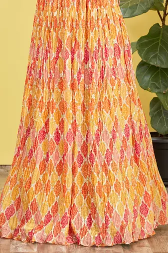 yellow mirror work and digital print organza party lehenga set choli with dupatta