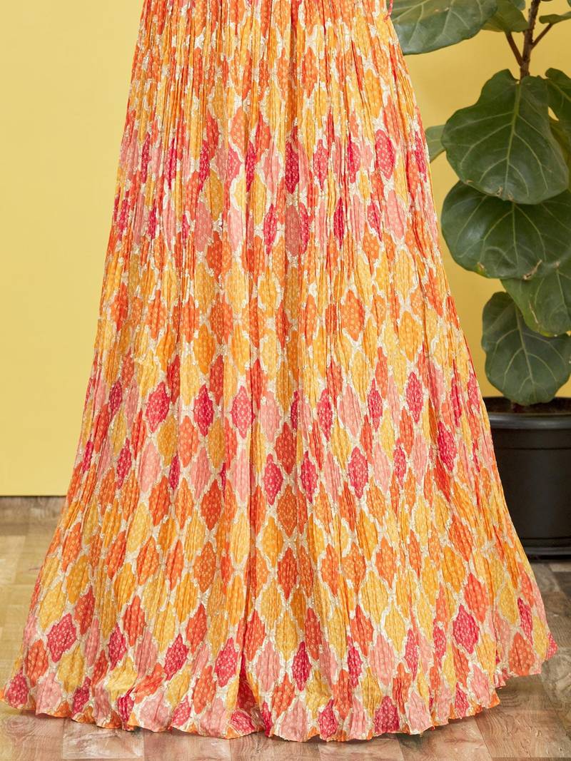 Stunning Yellow Mirror Work And Digital Print Organza Party Wear Lehenga Choli