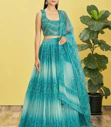 blue mirror work and digital print organza party lehenga set choli with dupatta