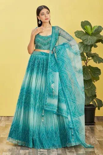 blue mirror work and digital print organza party lehenga set choli with dupatta