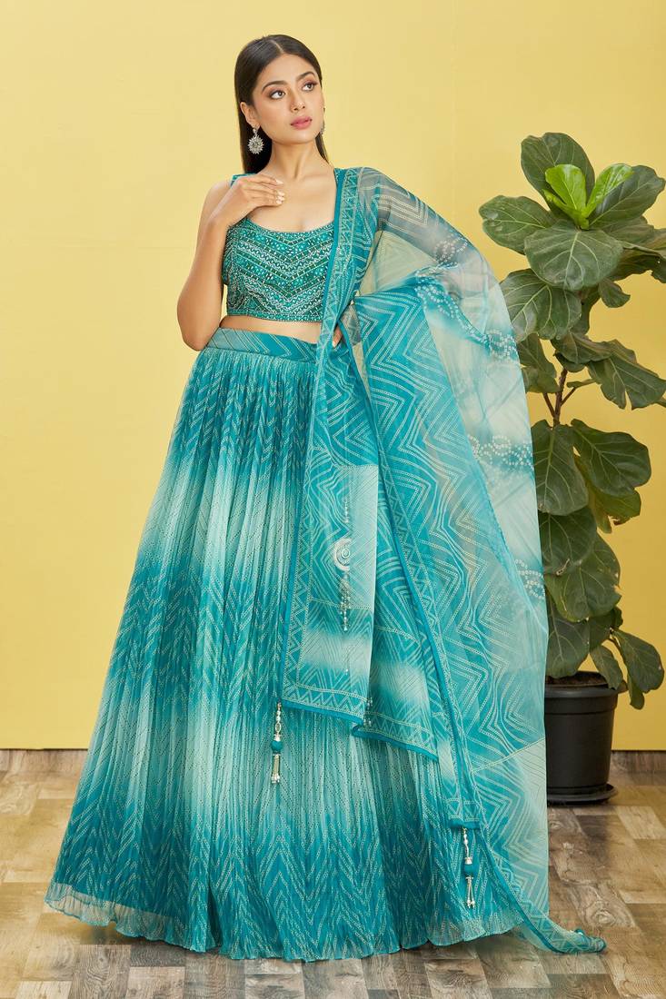 Stunning Blue Mirror Work And Digital Print Organza Party Wear Lehenga Choli
