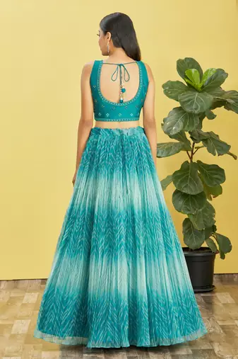 blue mirror work and digital print organza party lehenga set choli with dupatta