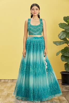 blue mirror work and digital print organza party lehenga set choli with dupatta 4