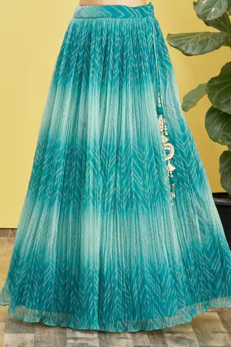 blue mirror work and digital print organza party lehenga set choli with dupatta