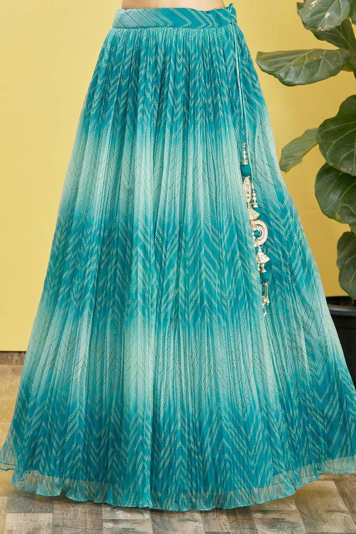 Stunning Blue Mirror Work And Digital Print Organza Party Wear Lehenga Choli