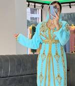 SKY BLUE Zari Stone Work Georgette Islamic Style Beads Embedded Partywear Kaftan Long Gown Evening wear Dubai kaftan