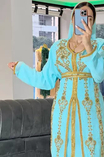 SKY BLUE Zari Stone Work Georgette Islamic Style Beads Embedded Partywear Kaftan Long Gown Evening wear Dubai kaftan