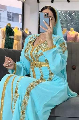 SKY BLUE Zari Stone Work Georgette Islamic Style Beads Embedded Partywear Kaftan Long Gown Evening wear Dubai kaftan
