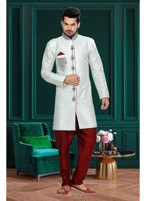 Off White Embroidered Brocade Stitched Sherwani 2