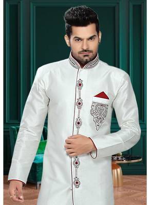 Off White Embroidered Brocade Stitched Sherwani 3