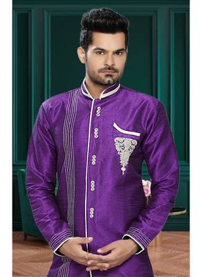 Purple Embroidered Art Silk Stitched Sherwani 3