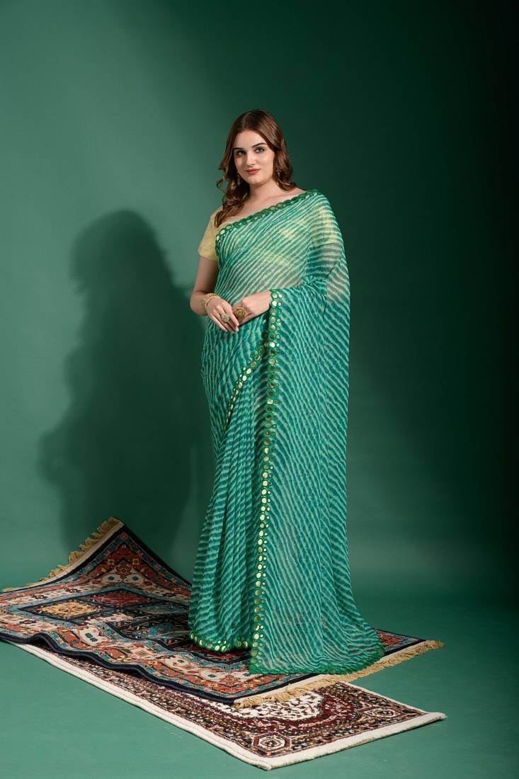 Indiatellme Rama Smooth Chiffon Saree with Double Line Mirror Outing Border