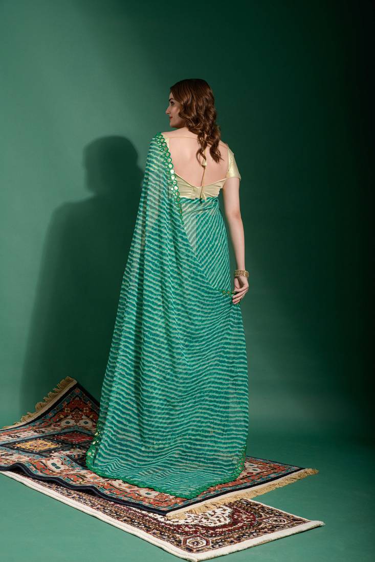 Indiatellme Rama Smooth Chiffon Saree with Double Line Mirror Outing Border