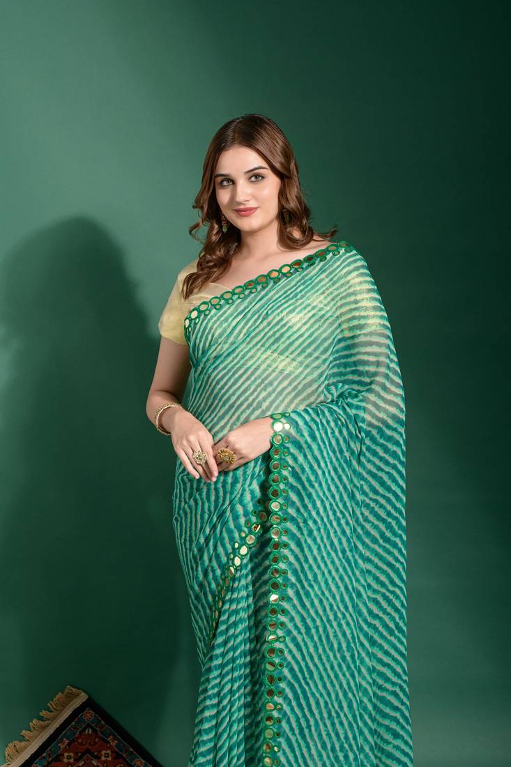 Indiatellme Rama Smooth Chiffon Saree with Double Line Mirror Outing Border