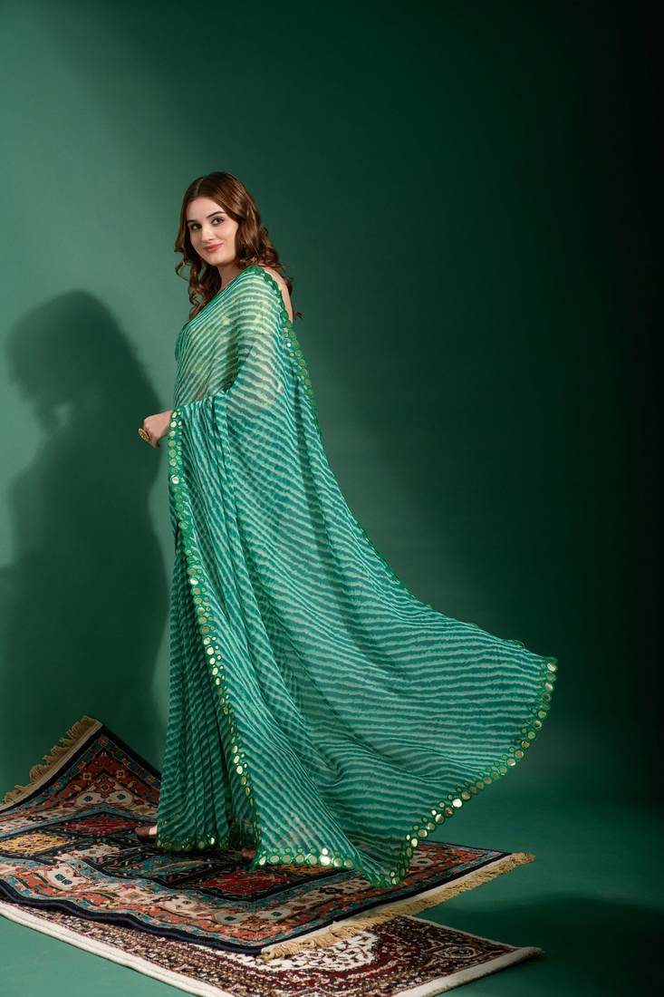 Indiatellme Rama Smooth Chiffon Saree with Double Line Mirror Outing Border