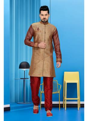Brown Plain Art Silk Stitched Sherwani 2