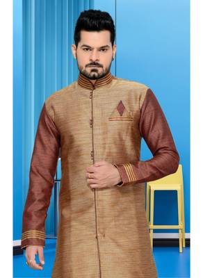 Brown Plain Art Silk Stitched Sherwani 3