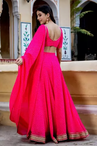 Captivating Pink Laheriya Print Georgette Designer Lehenga Choli