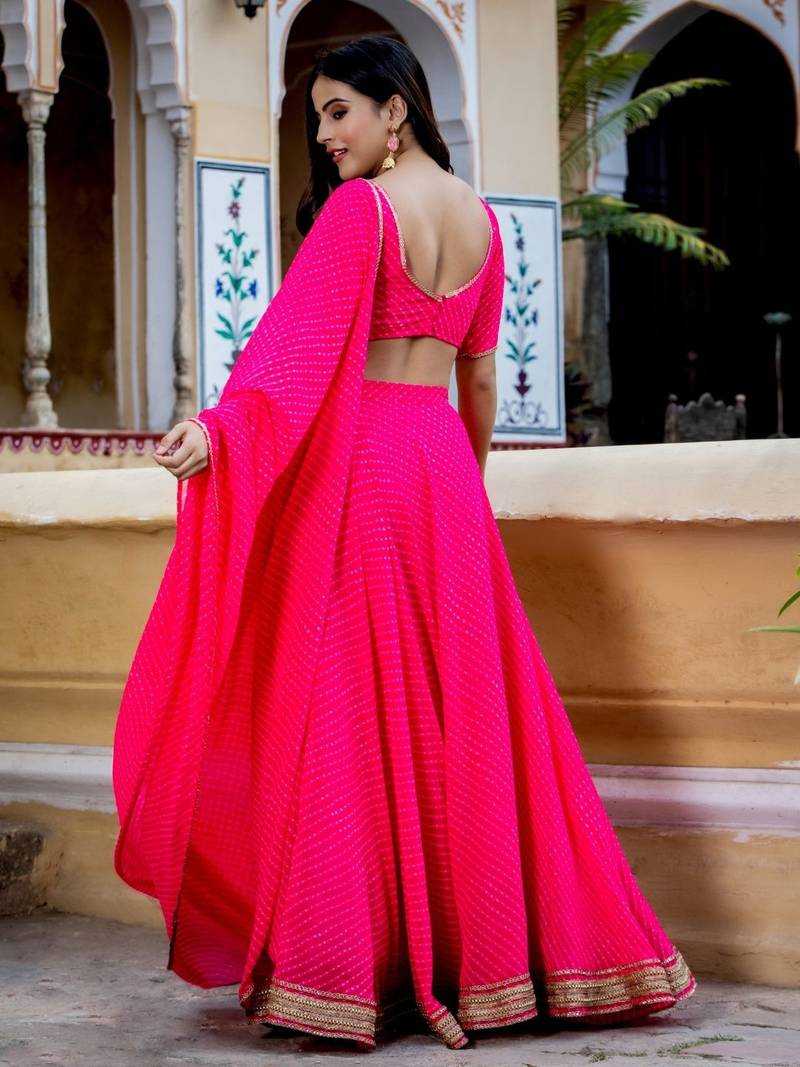 Captivating Pink Laheriya Print Georgette Designer Lehenga Choli