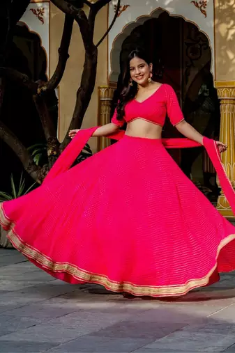 Captivating Pink Laheriya Print Georgette Designer Lehenga Choli