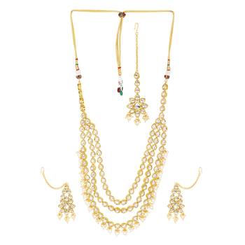 Bridal 3 line kundan necklace with beaded border and earring maang tikka by leshya 1