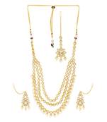 Bridal 3 line kundan necklace with beaded border and earring maang tikka by leshya