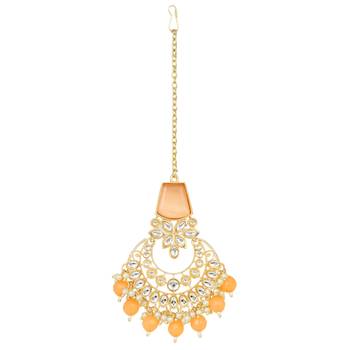 Peach kundan necklace with earring & maang tikka by leshya 5