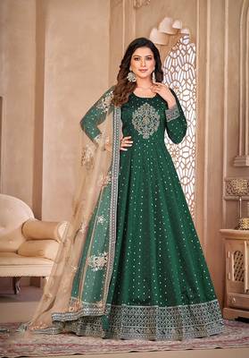 Dark green color embroidered taffeta silk anarkali suit 1