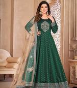 Dark green color embroidered taffeta silk anarkali suit