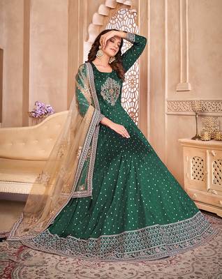 Dark green color embroidered taffeta silk anarkali suit 2