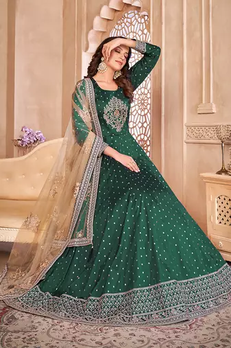 Dark green color embroidered taffeta silk anarkali suit