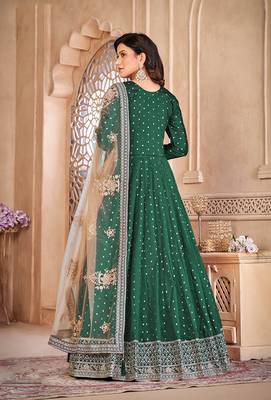 Dark green color embroidered taffeta silk anarkali suit 3