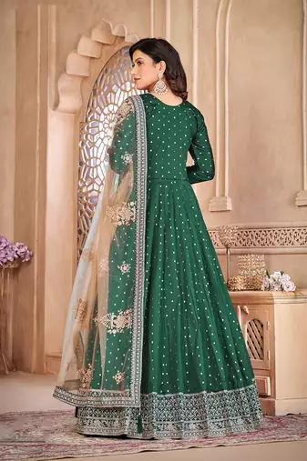 Dark green color embroidered taffeta silk anarkali suit