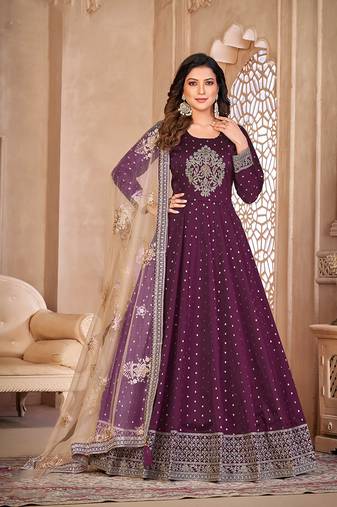 Purple color embroidered taffeta silk anarkali suit