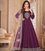 Purple color embroidered taffeta silk anarkali suit