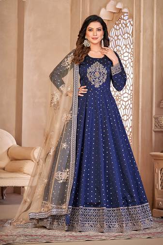 Navy blue color embroidered taffeta silk anarkali suit