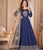Navy blue color embroidered taffeta silk anarkali suit