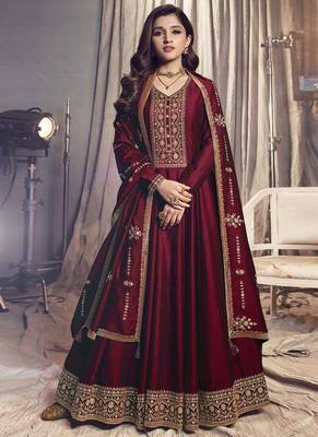 Maroon Heavy Zari Embroidery Work Bollywood Style Party Anarkali 1