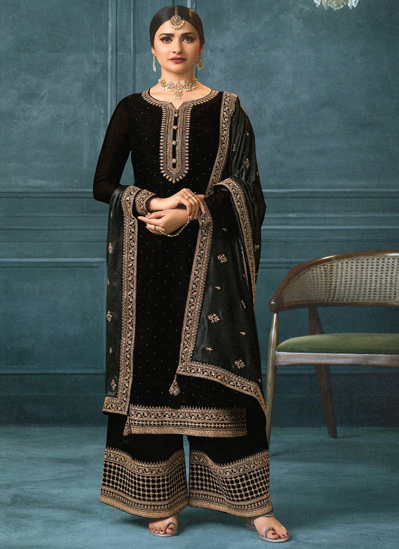 Black Embroidered Georgette Palazzo Semistitched Suit