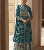 Turquoise Georgette Embroidered Traditional Slit Style Pant Suit