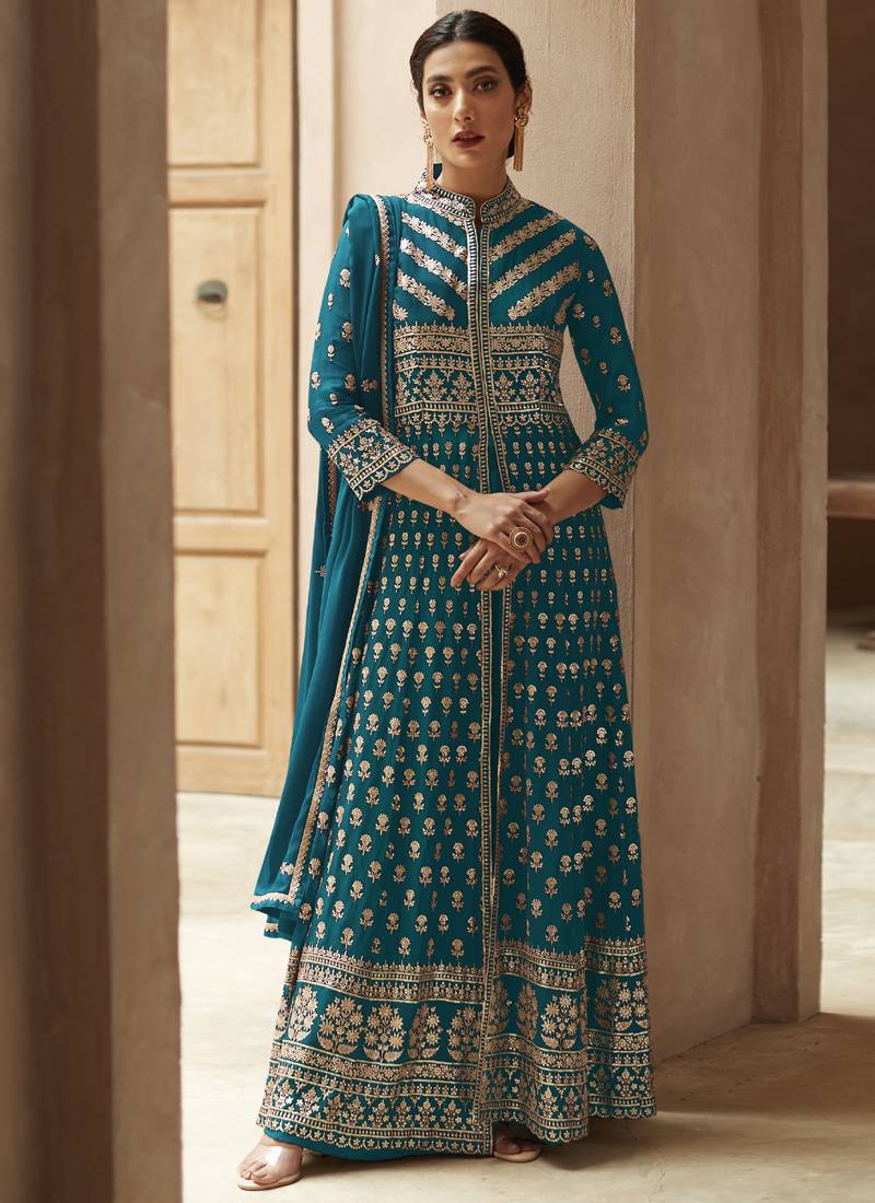 Turquoise Georgette Embroidered Traditional Slit Style Pant Suit
