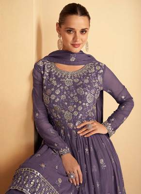 Purple Sequence Embroidery Sharara Style Suit 3