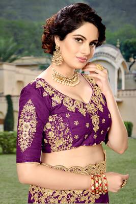 Trendmalls Purple Embroidered Silk Party Wear Saree With Blouse 6